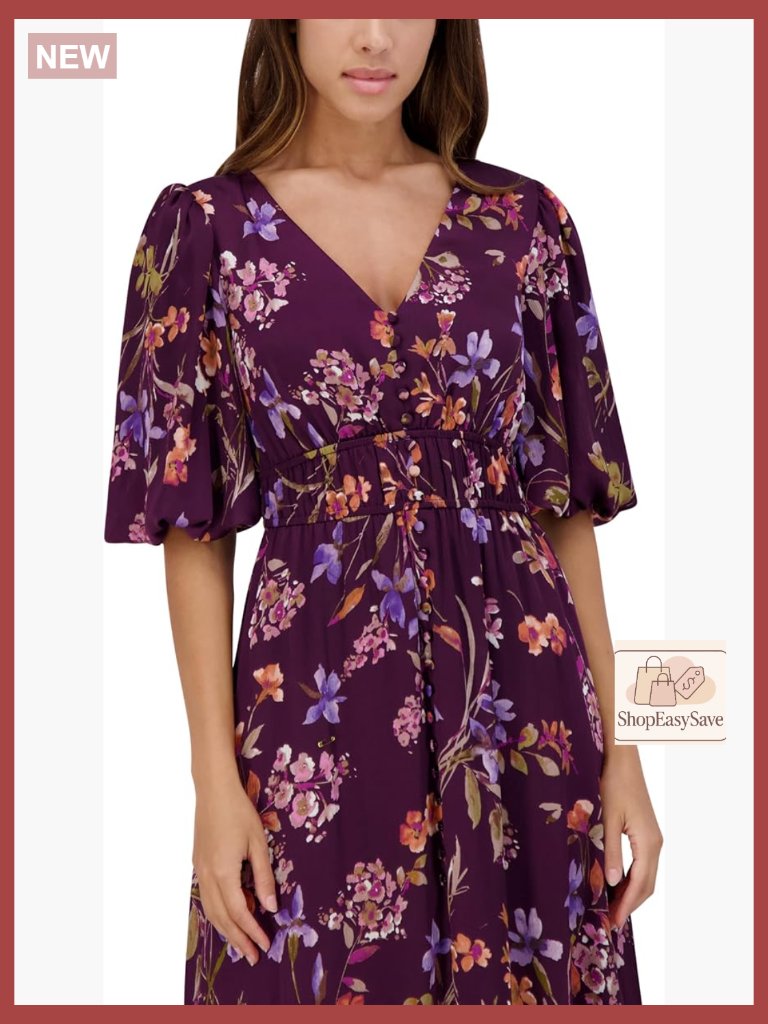 Puff Sleeve Midi Dress Elegant Chic Casual Floral Print V-Neck Pull On